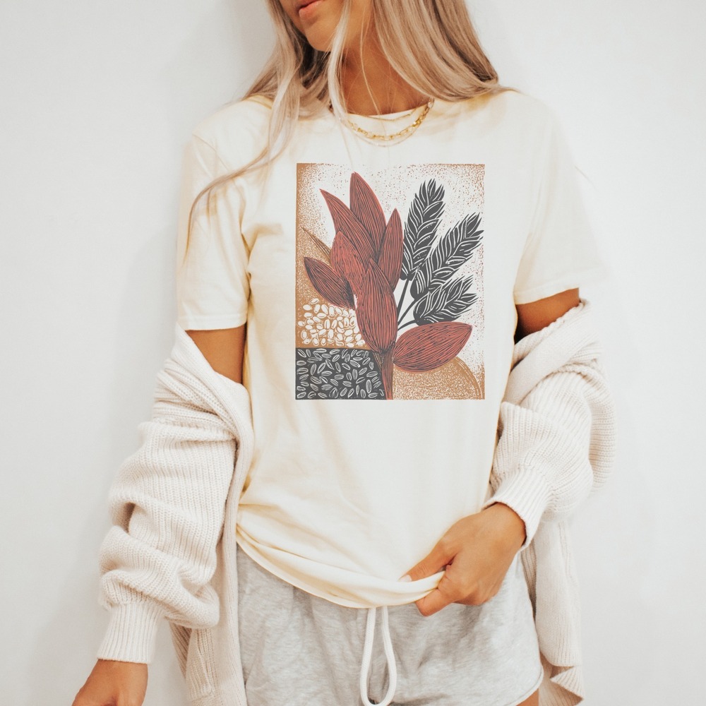 Botanical Line Art Graphic Tee Red Flower Nature Design